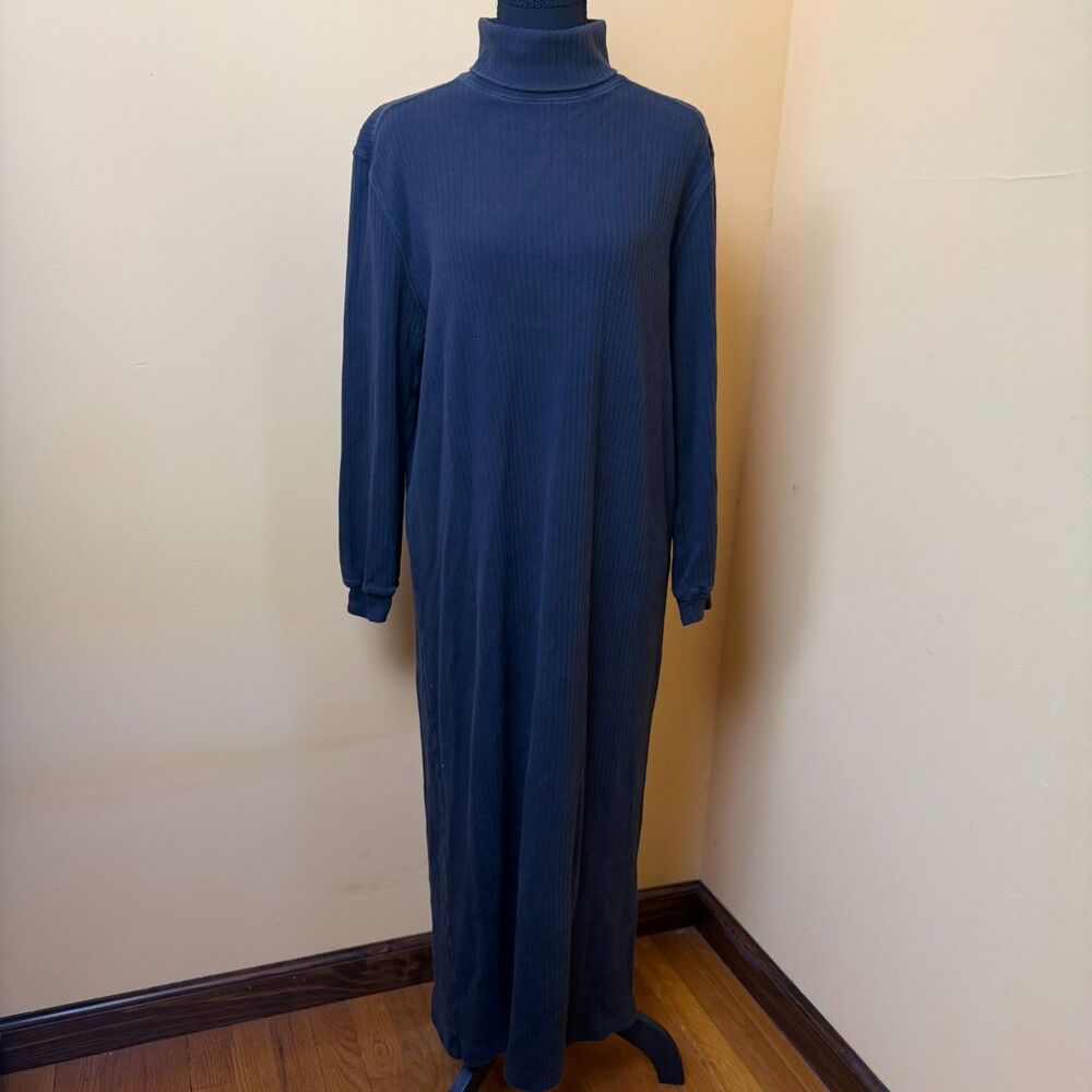 Vtg 90s Eddie Bauer Ribbed Turtleneck Maxi Sweater Dress Cotton Grey Black XS